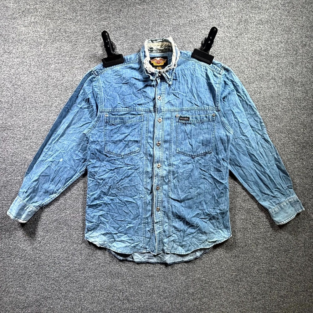 VTG Harley Davidson Shirt Men's Medium Blue Denim Button Front Eagle Flame Back